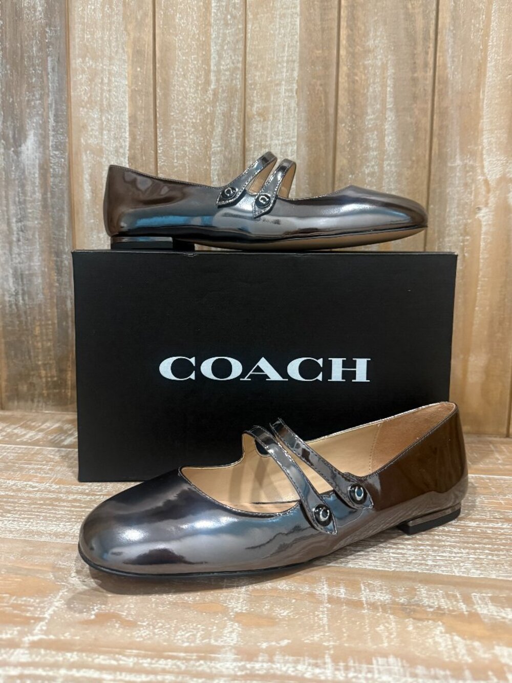 Coach Winley Metallic Leather Mary Jane Women's 8 Flat Double Strap Preppy New